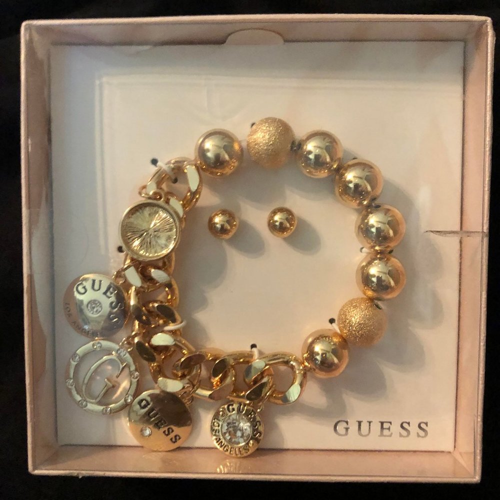 GUESS Heart Key Tassel Charms GOLD Stretch Bracelet & Earrings SET NIB